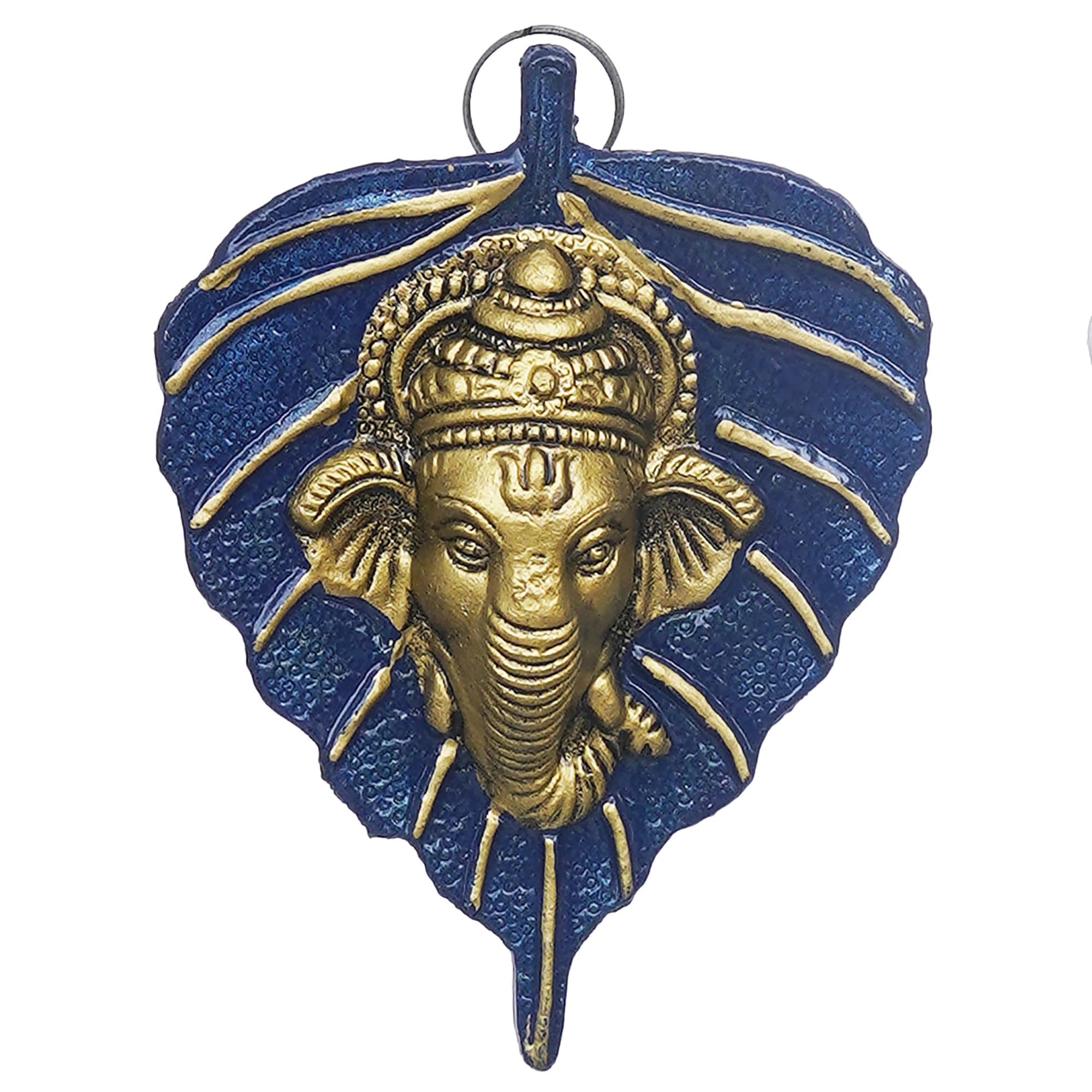 Ecraftindia Blue & Golden Lord Ganesha Face On Leaf Wall Hanging Decorative Showpiece For Home, Office, Mandir | Ideal For Diwal
